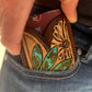 Front Pocket Hand Tooled Leather Wallet with a Turquoise Sun and Flower The Rodeo Rose