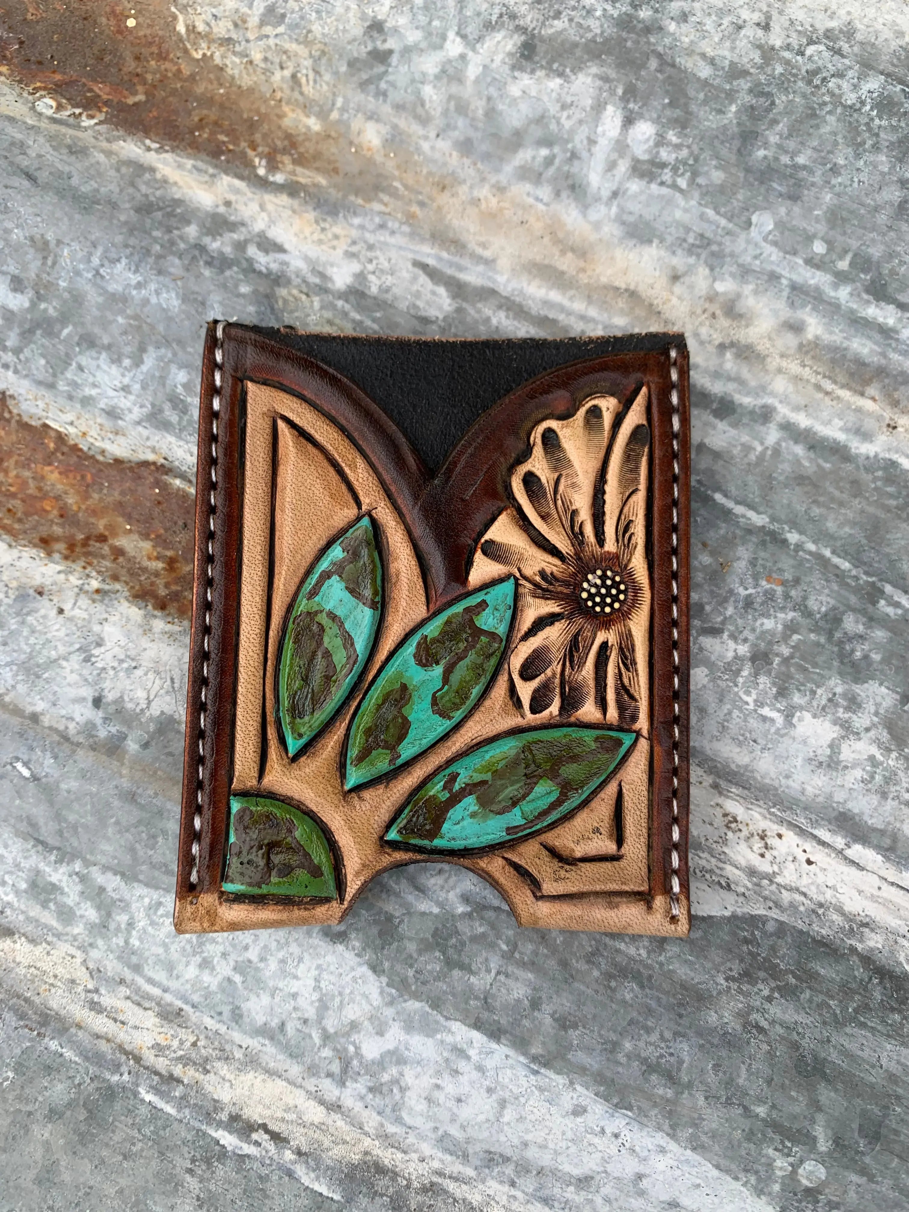 Front Pocket Hand Tooled Leather Wallet with Petite Flowers and Turquoise Border Antique Brown