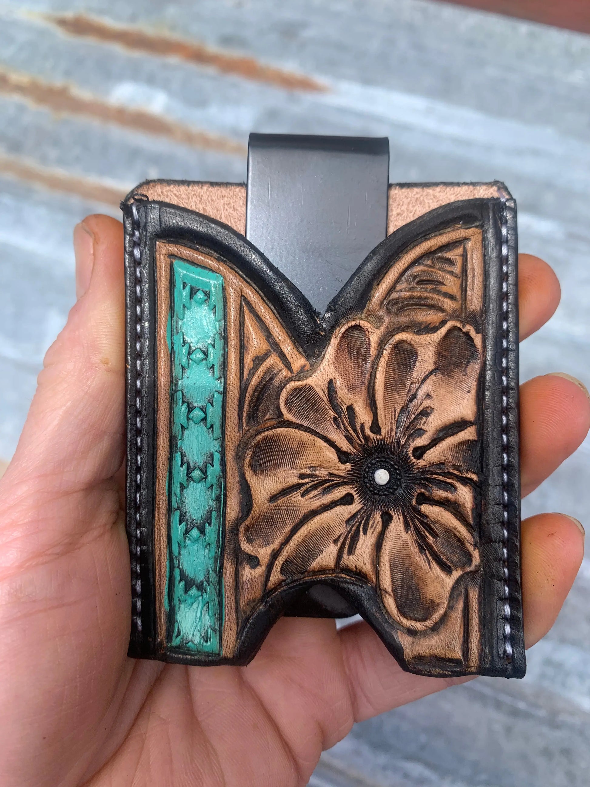 Hand Tooled Leather Boot Wallet with Flower and Southwest Bar The Rodeo Rose