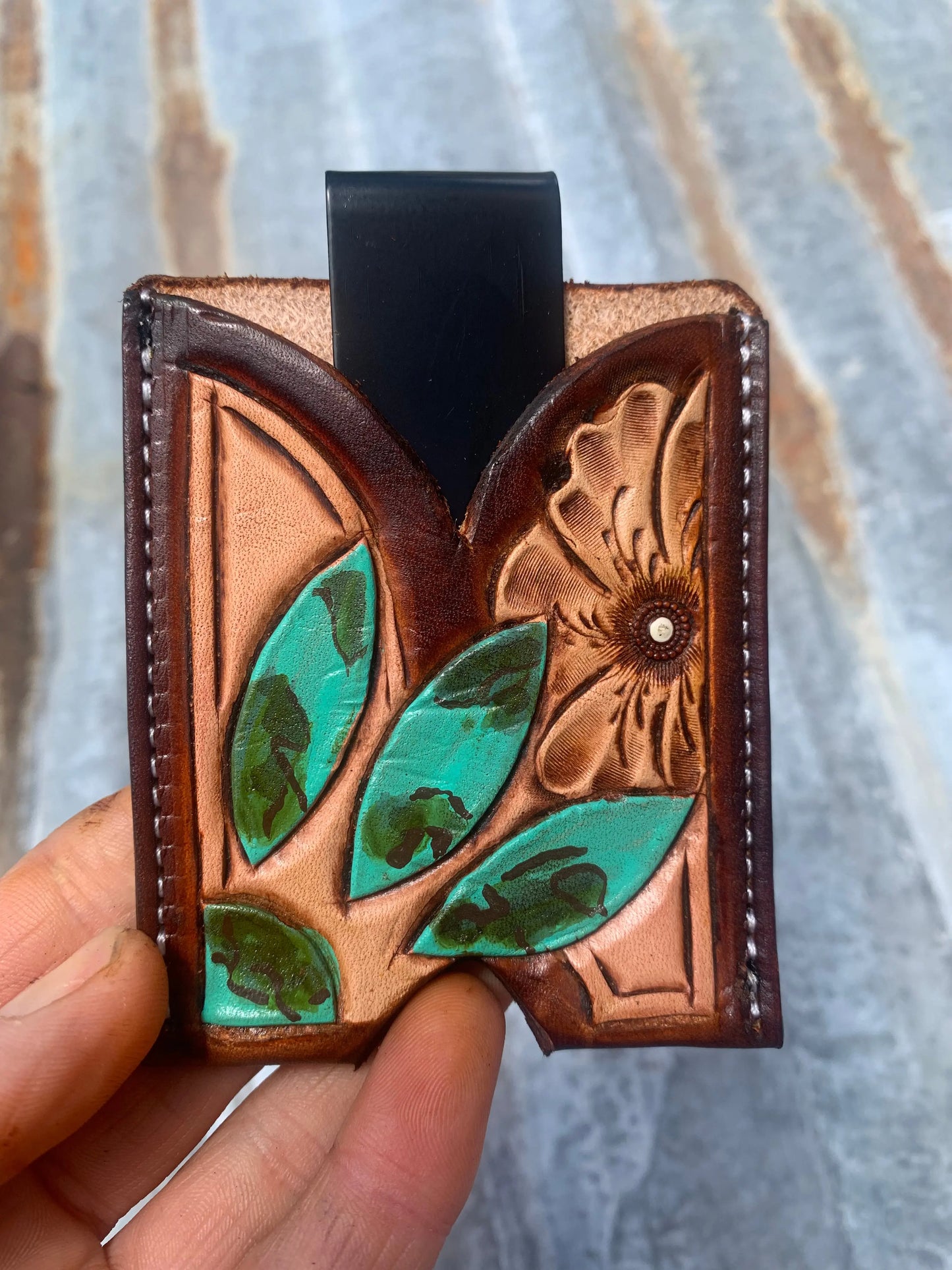 Hand Tooled Leather Boot Wallet with Turquoise Sun and Flower The Rodeo Rose