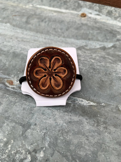 Hand Tooled Leather Hair-Tie with Daisy in Antique Brown The Rodeo Rose