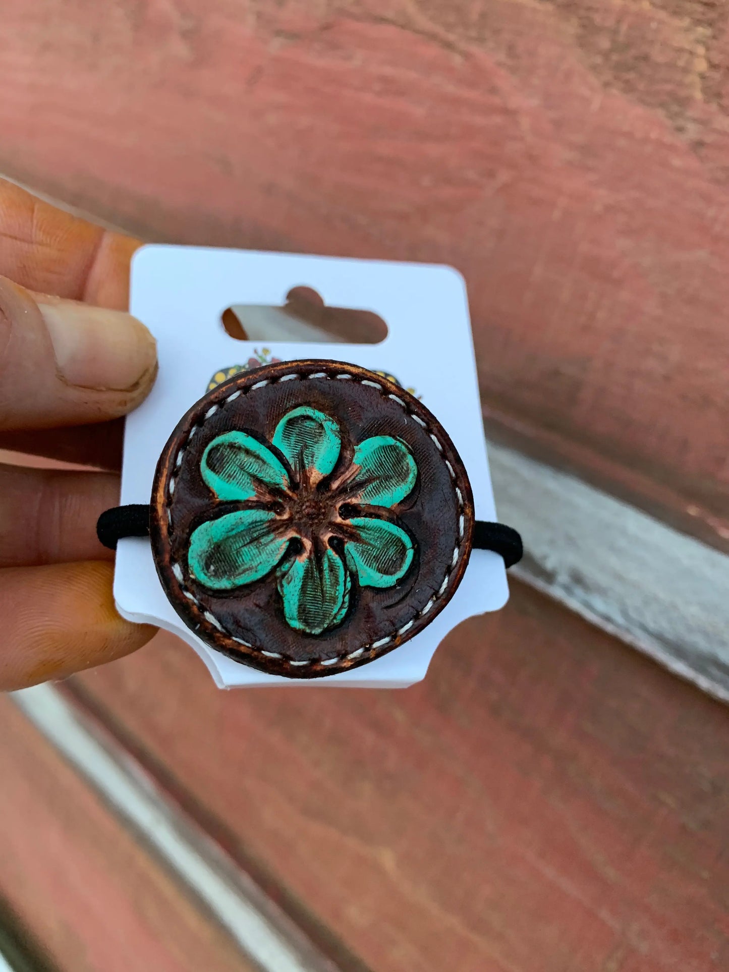 Hand Tooled Leather Hair-Tie with Daisy in Antique Brown The Rodeo Rose