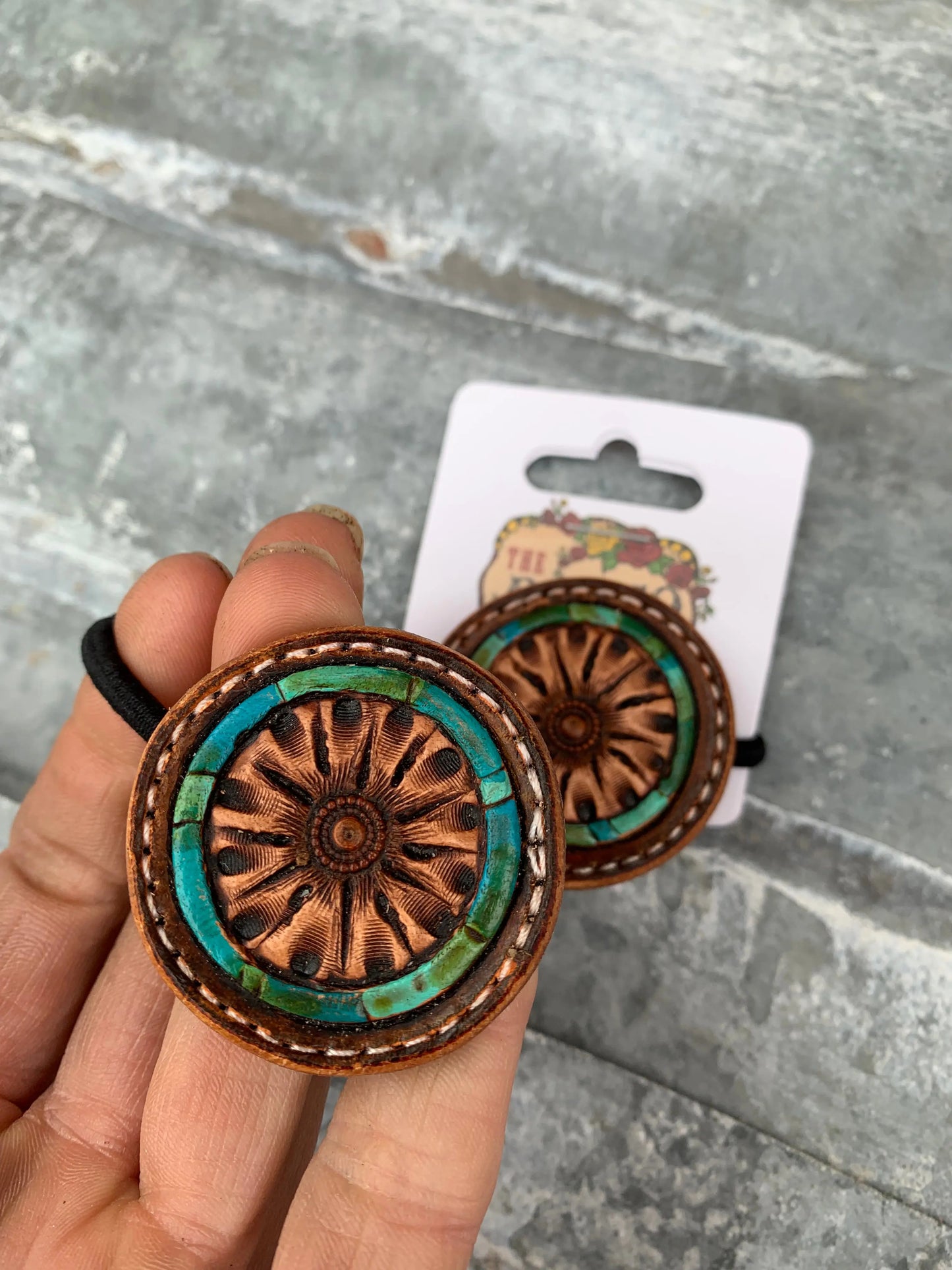 Hand Tooled Leather Hair-Tie with Floral and Turquoise Border The Rodeo Rose