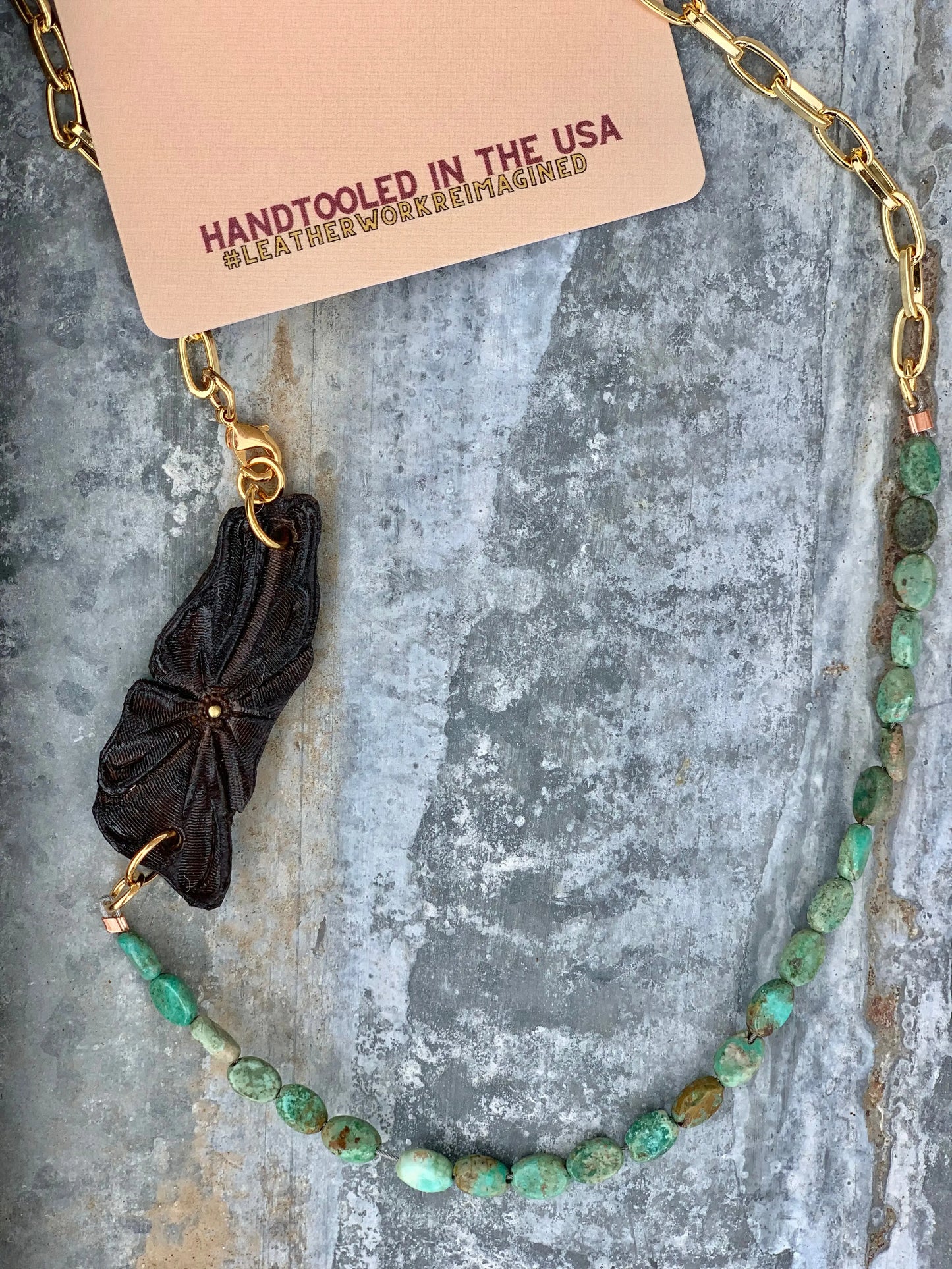 Hand tooled Long Sheridan Flower Necklace with Gold Chain and Turquoise The Rodeo Rose