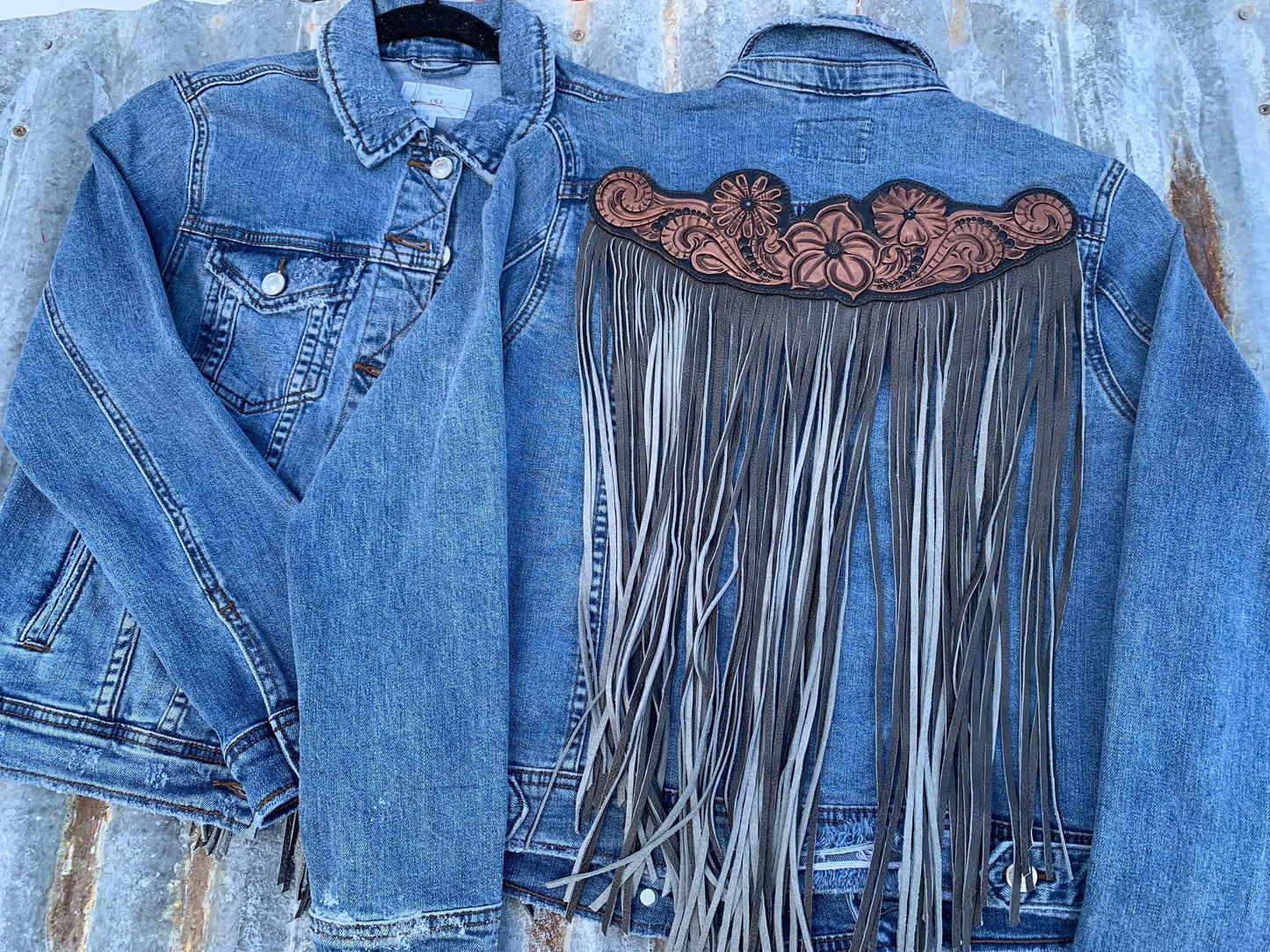 Handtooled Leather Denim Jacket in Black and Grey with Xtra Long Fringe The Rodeo Rose
