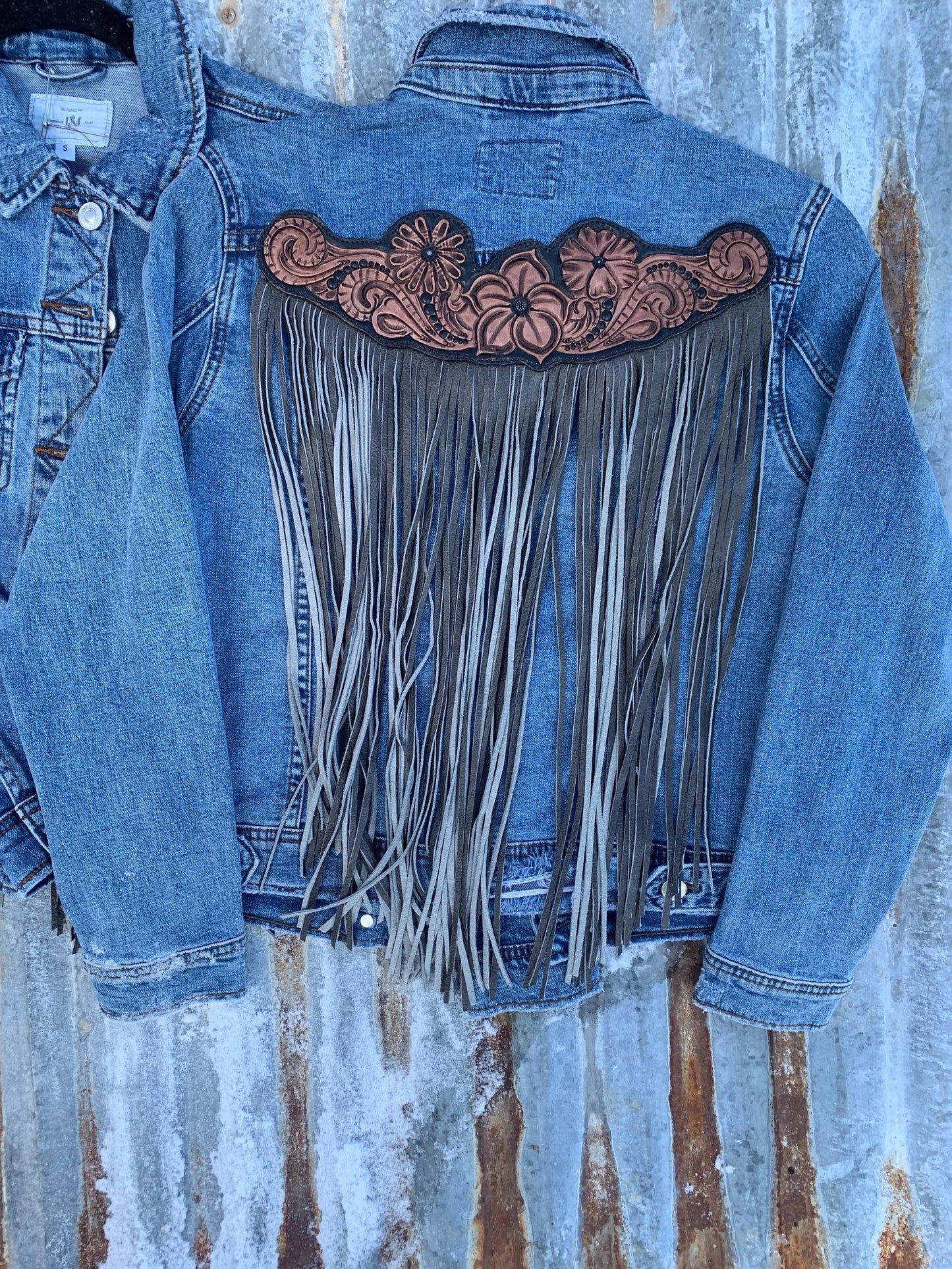 Handtooled Leather Denim Jacket in Black and Grey with Xtra Long Fringe The Rodeo Rose