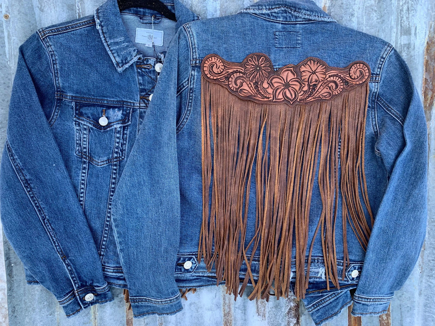 Handtooled Leather Denim Jacket in Brown and Golden Tan with Xtra Long Fringe The Rodeo Rose