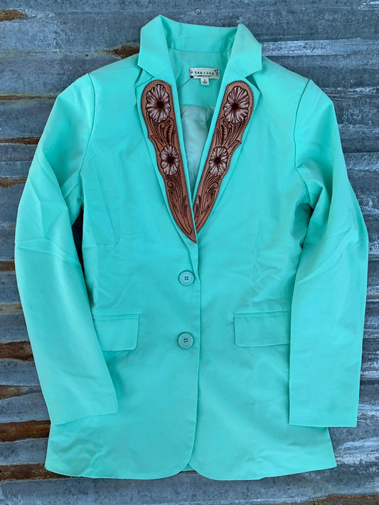 Handtooled Leather Lapel Blazer in Bright Turquoise with White Wash Flowers The Rodeo Rose