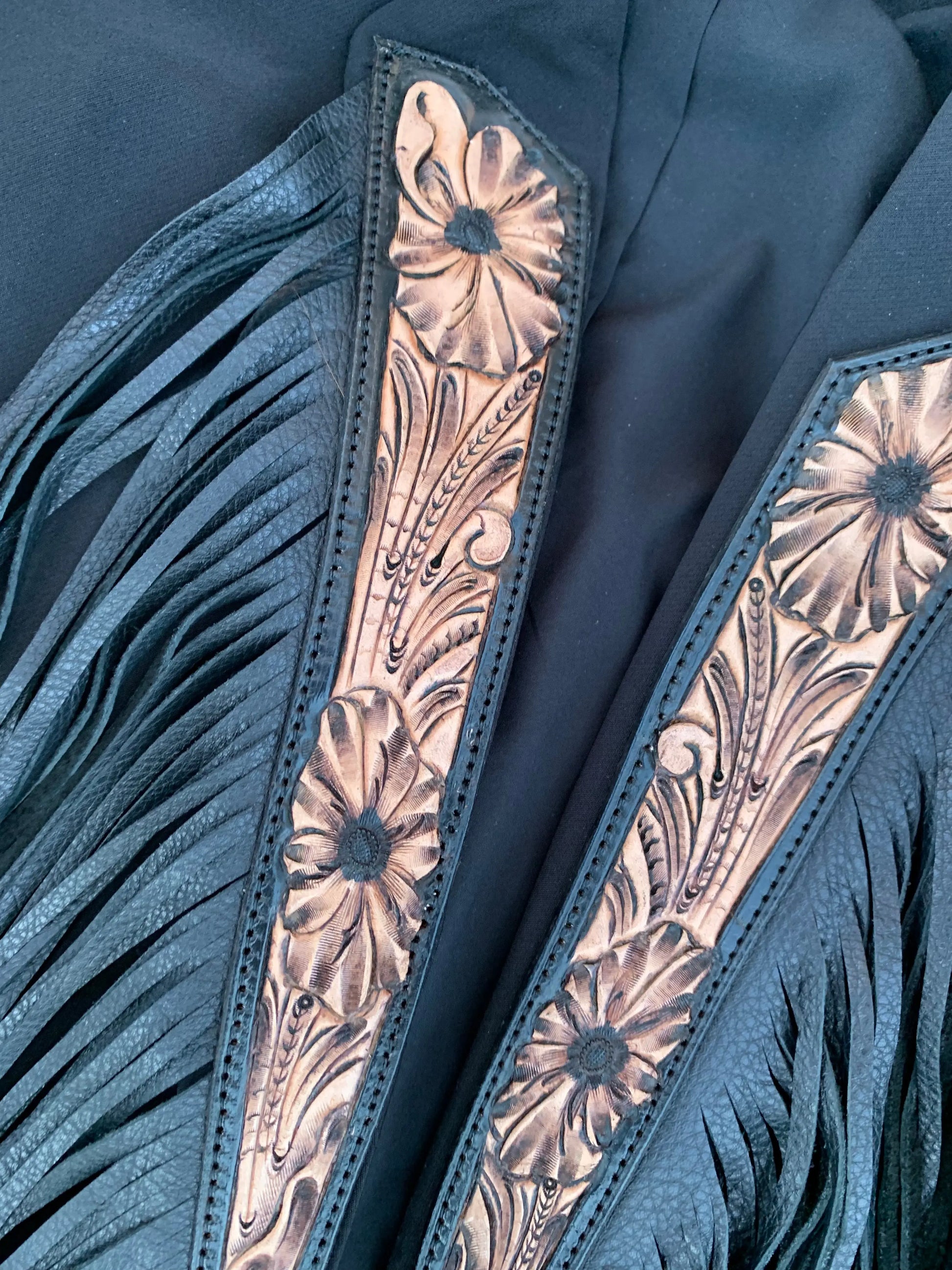 Handtooled Leather Lapel Blazer in Classic Black with Extra Long Fringe The Rodeo Rose