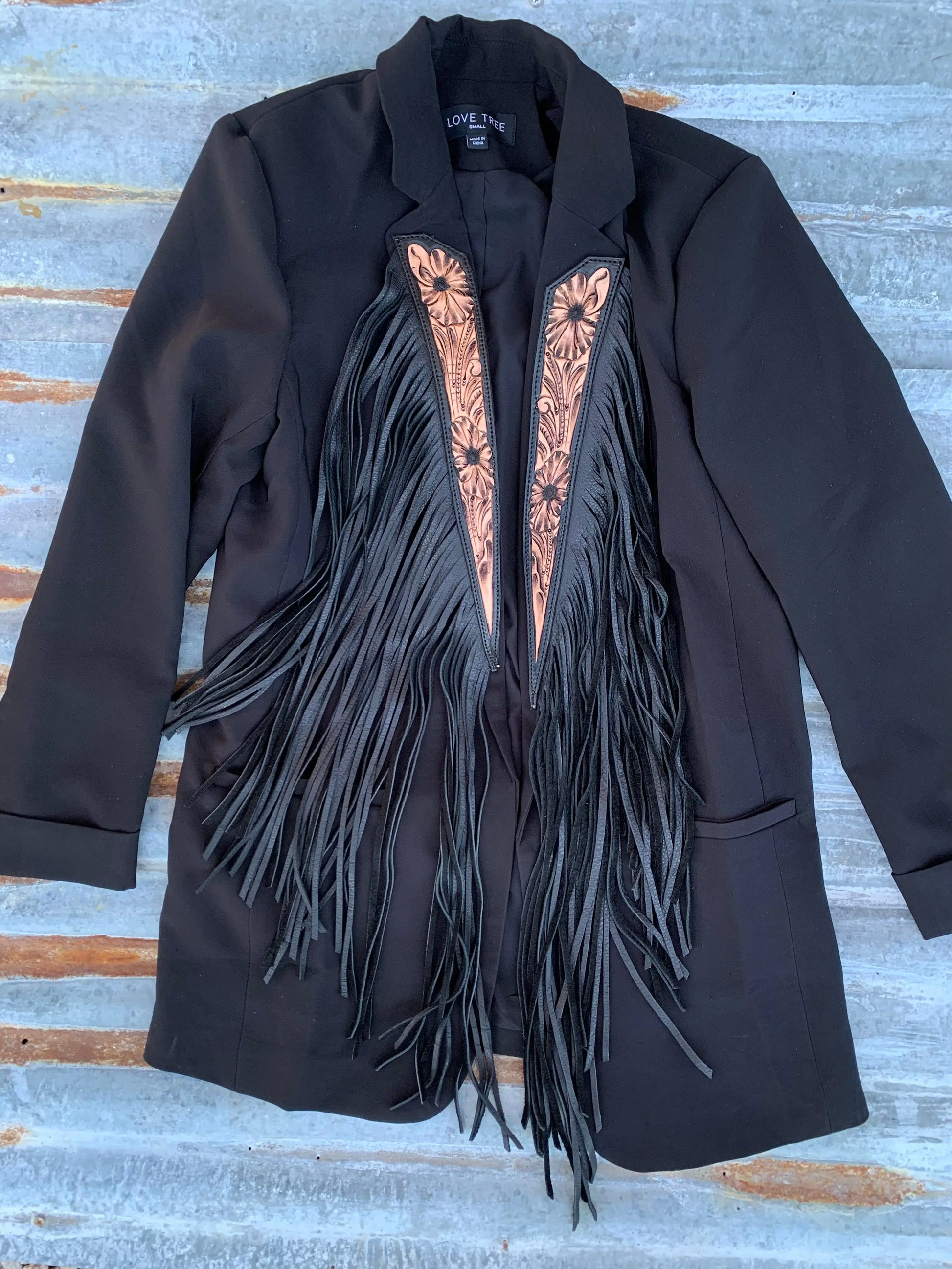 Handtooled Leather Lapel Blazer in Classic Black with Extra Long Fringe The Rodeo Rose