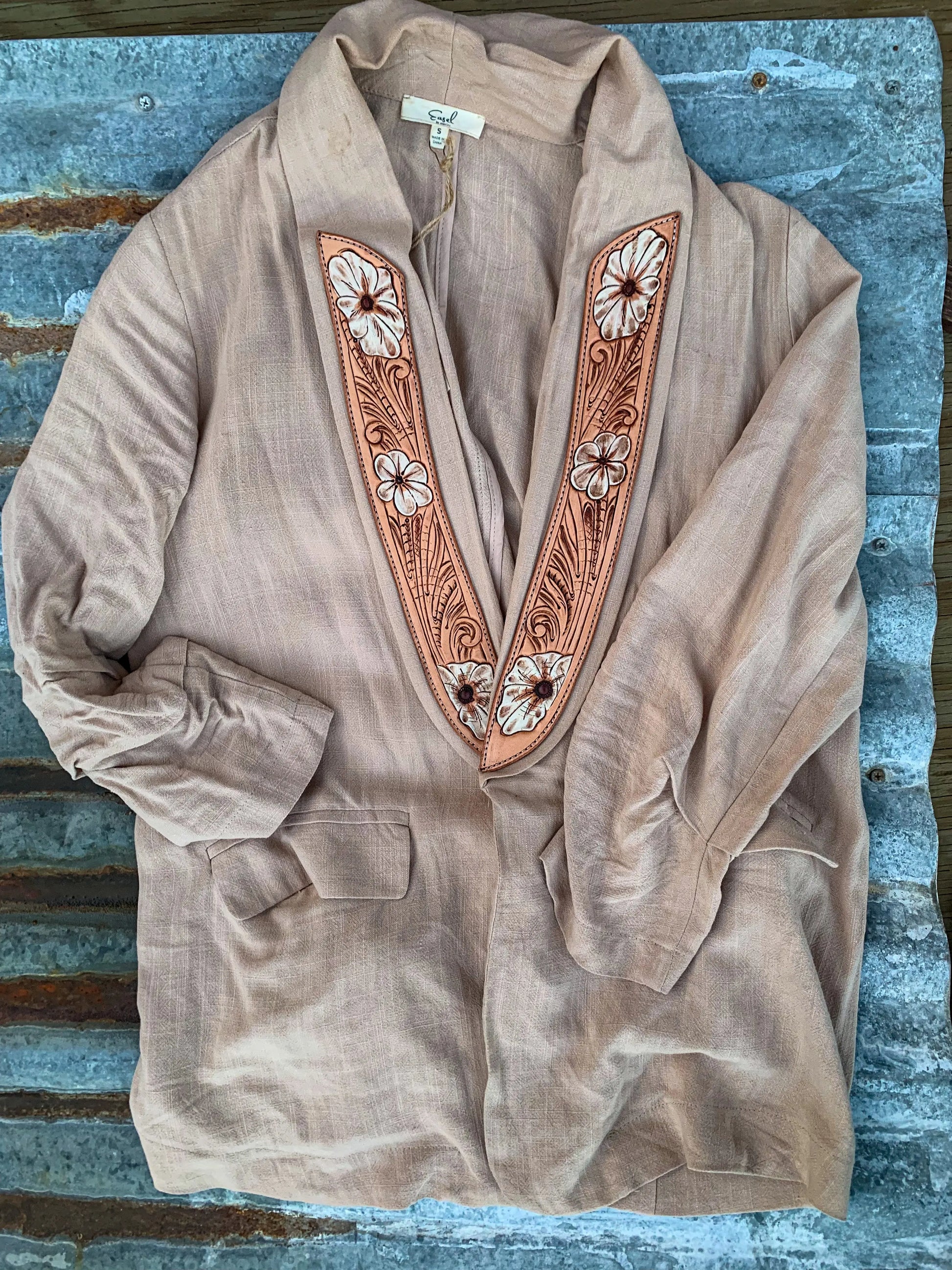 Summertime Linen Hand Tooled Leather Blazer in Natural Tan The Rodeo Rose