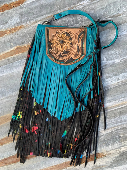 The Arena Leather Fringe Purse with Hand Tooled Sunflower and Confetti Avid Wash Hair on Hide The Rodeo Rose