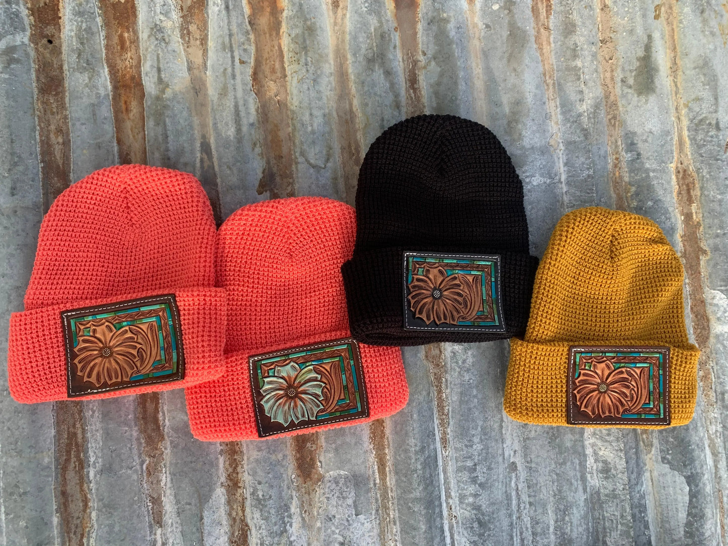 The Daisy Handtooled Leather Patch Beanie, Fitted in Turquoise and Southwest Border The Rodeo Rose