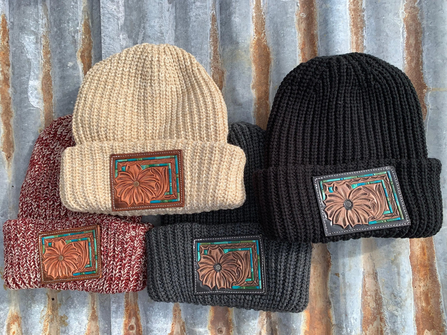 The Daisy Handtooled Leather Patch Beanie, Oversized in Turquoise and Southwest Border The Rodeo Rose