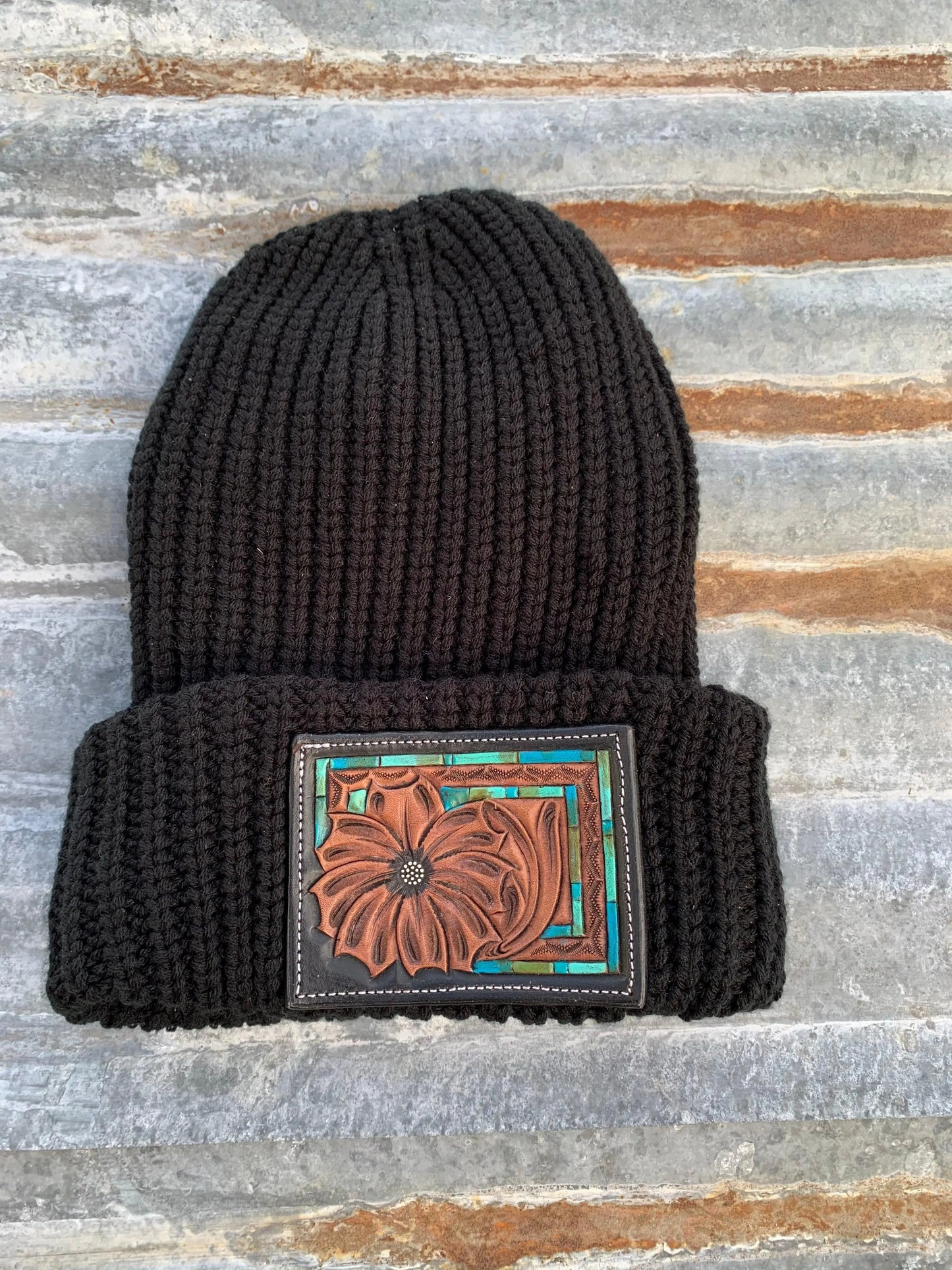 The Daisy Handtooled Leather Patch Beanie, Oversized in Turquoise and Southwest Border The Rodeo Rose