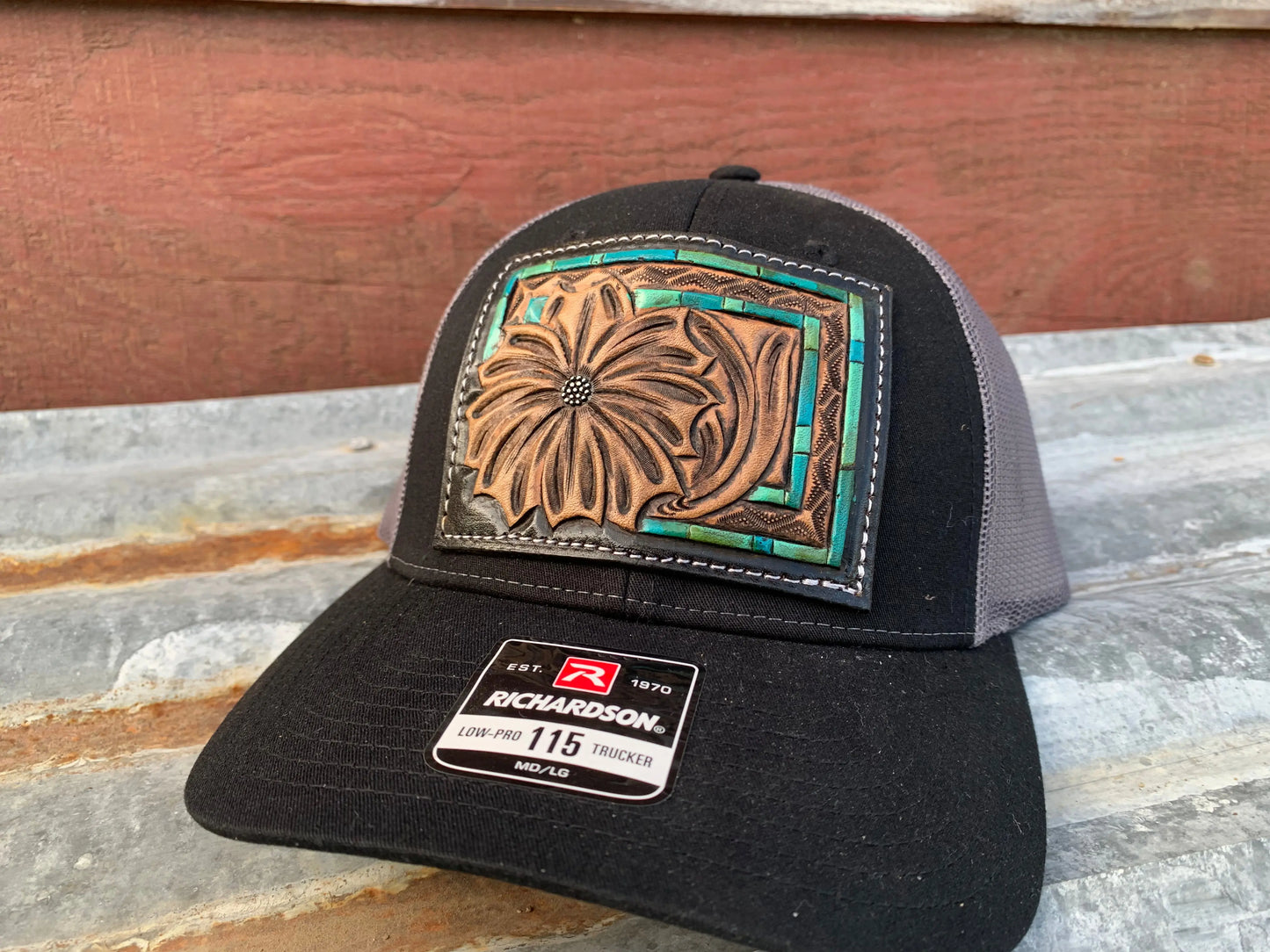 The Daisy Handtooled Leather Patch Cap with Turquoise Southwestern Border The Rodeo Rose