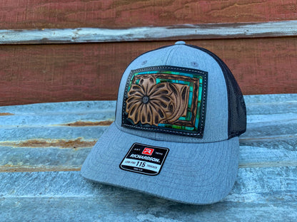 The Daisy Handtooled Leather Patch Cap with Turquoise Southwestern Border The Rodeo Rose