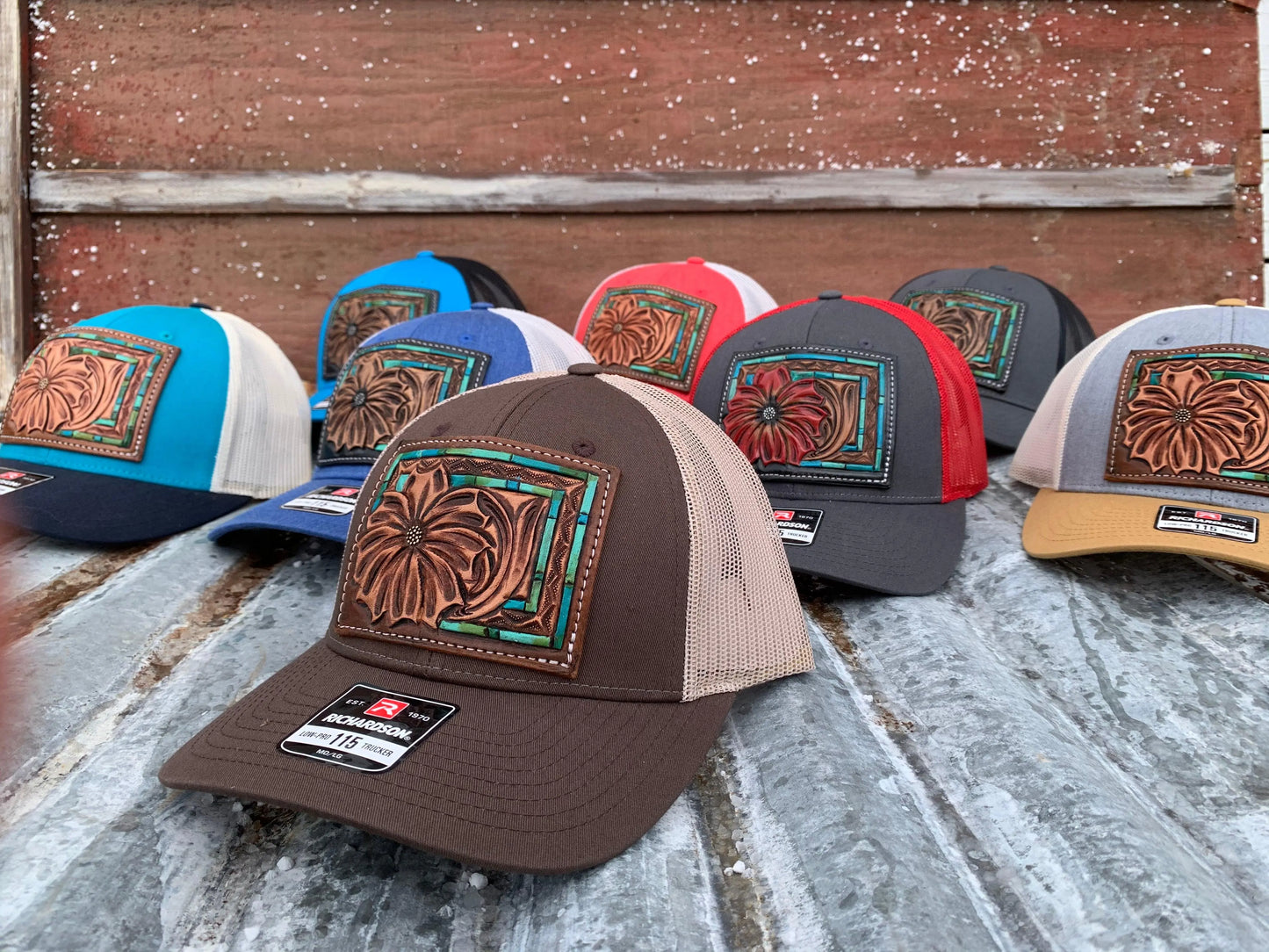 Handtooled leather patch cap The Daisy Handtooled Leather Patch Cap with Turquoise Southwestern Border The Rodeo Rose Handtooled leather patch cap cowgirl hat cowboy hat 