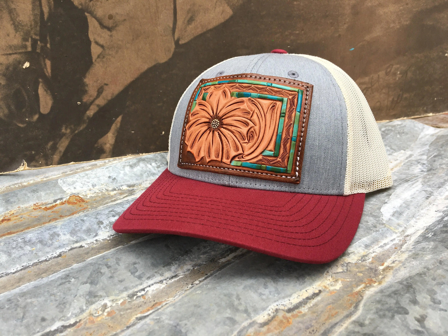 Handtooled leather patch cap The Daisy Handtooled Leather Patch Cap with Turquoise Southwestern Border The Rodeo Rose Handtooled leather patch cap cowgirl hat cowboy hat 
