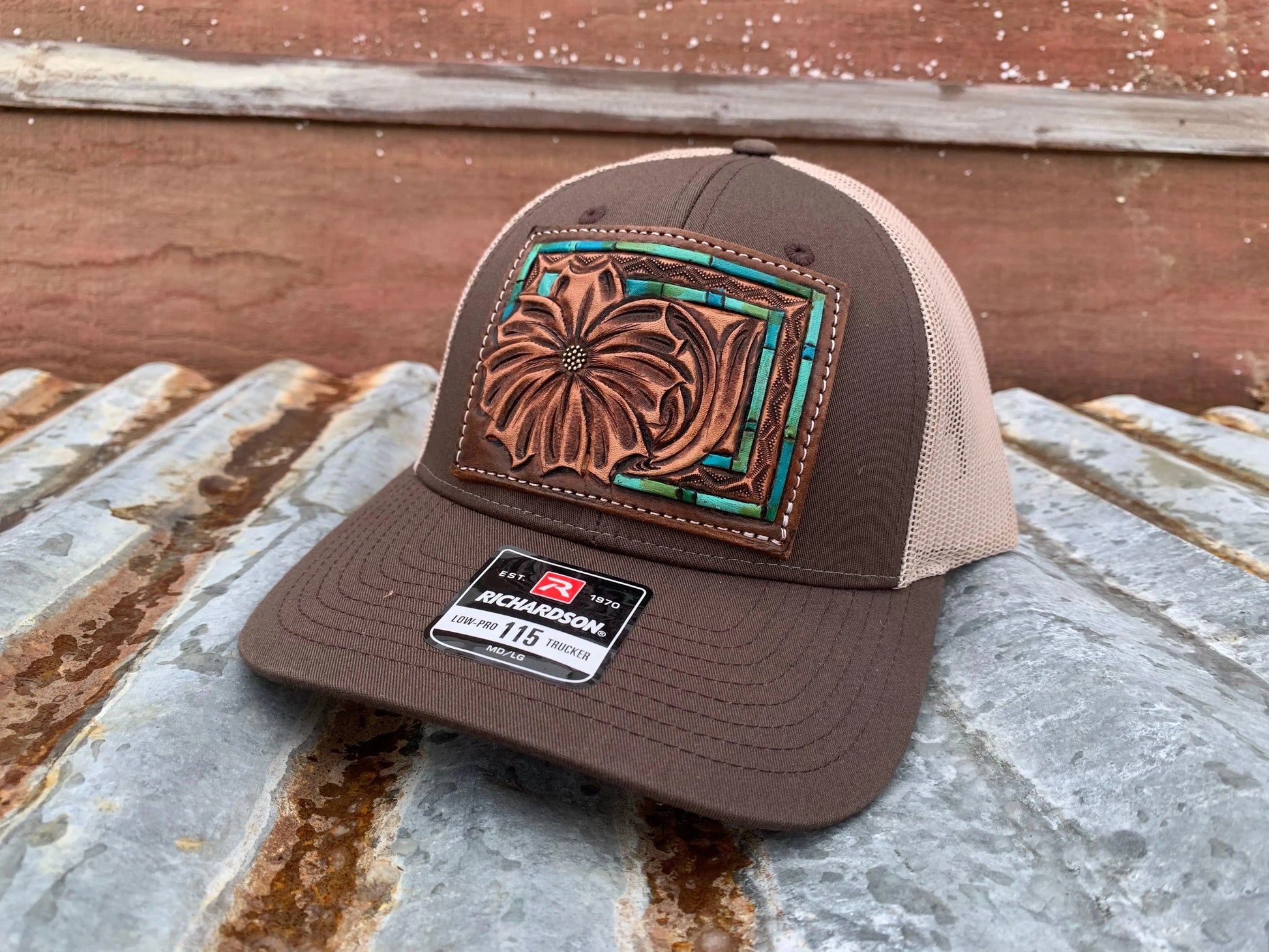 Handtooled leather patch cap The Daisy Handtooled Leather Patch Cap with Turquoise Southwestern Border The Rodeo Rose Handtooled leather patch cap cowgirl hat cowboy hat 