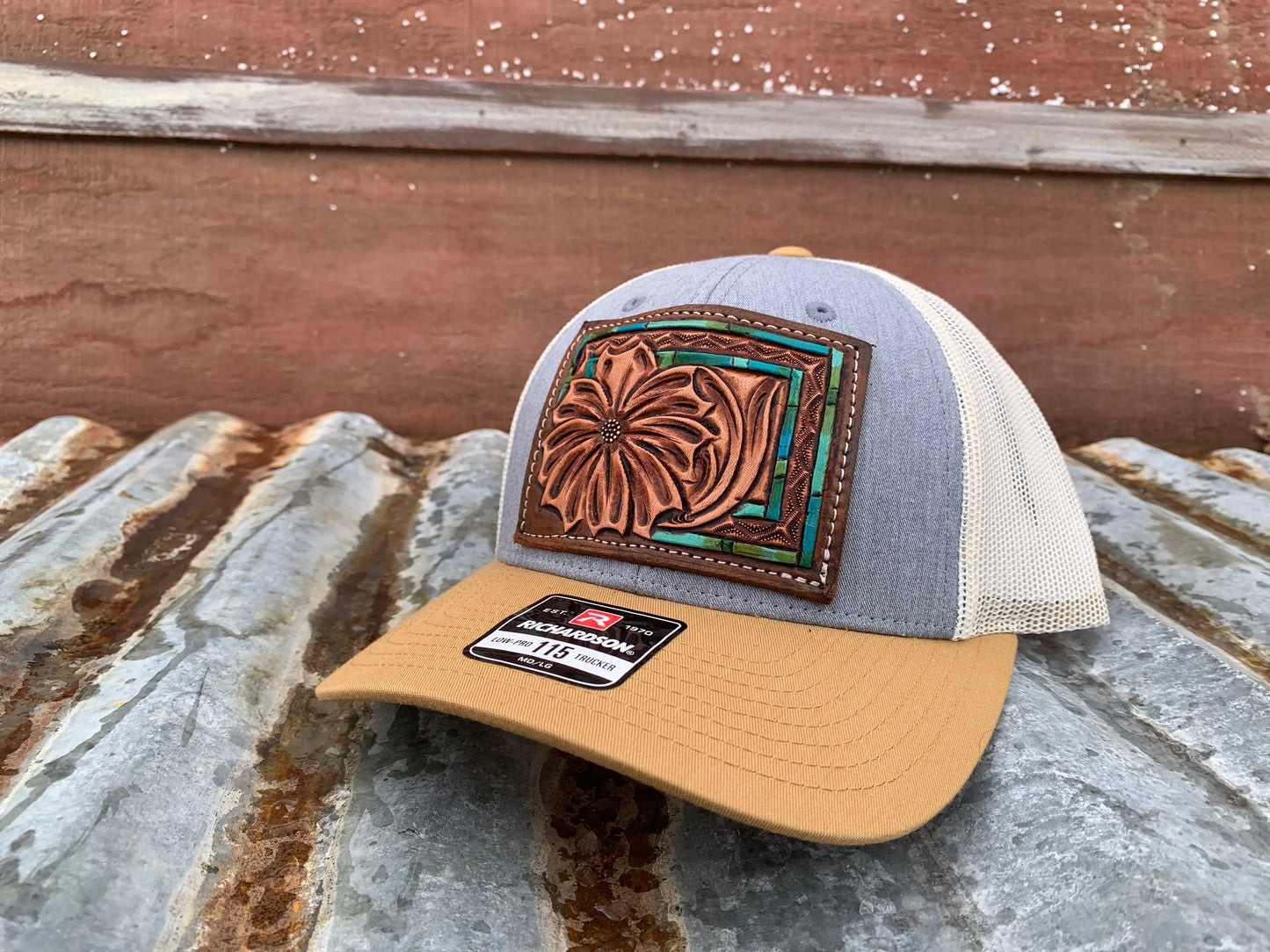 Handtooled leather patch cap The Daisy Handtooled Leather Patch Cap with Turquoise Southwestern Border The Rodeo Rose Handtooled leather patch cap cowgirl hat cowboy hat 