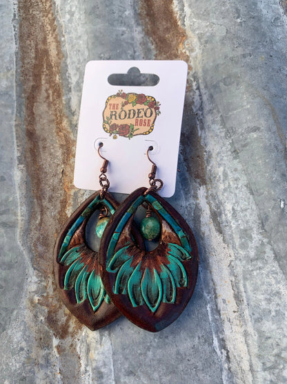 The Dale Hand tooled Leather Earring with Turquoise Border and Turquoise Beads The Rodeo Rose