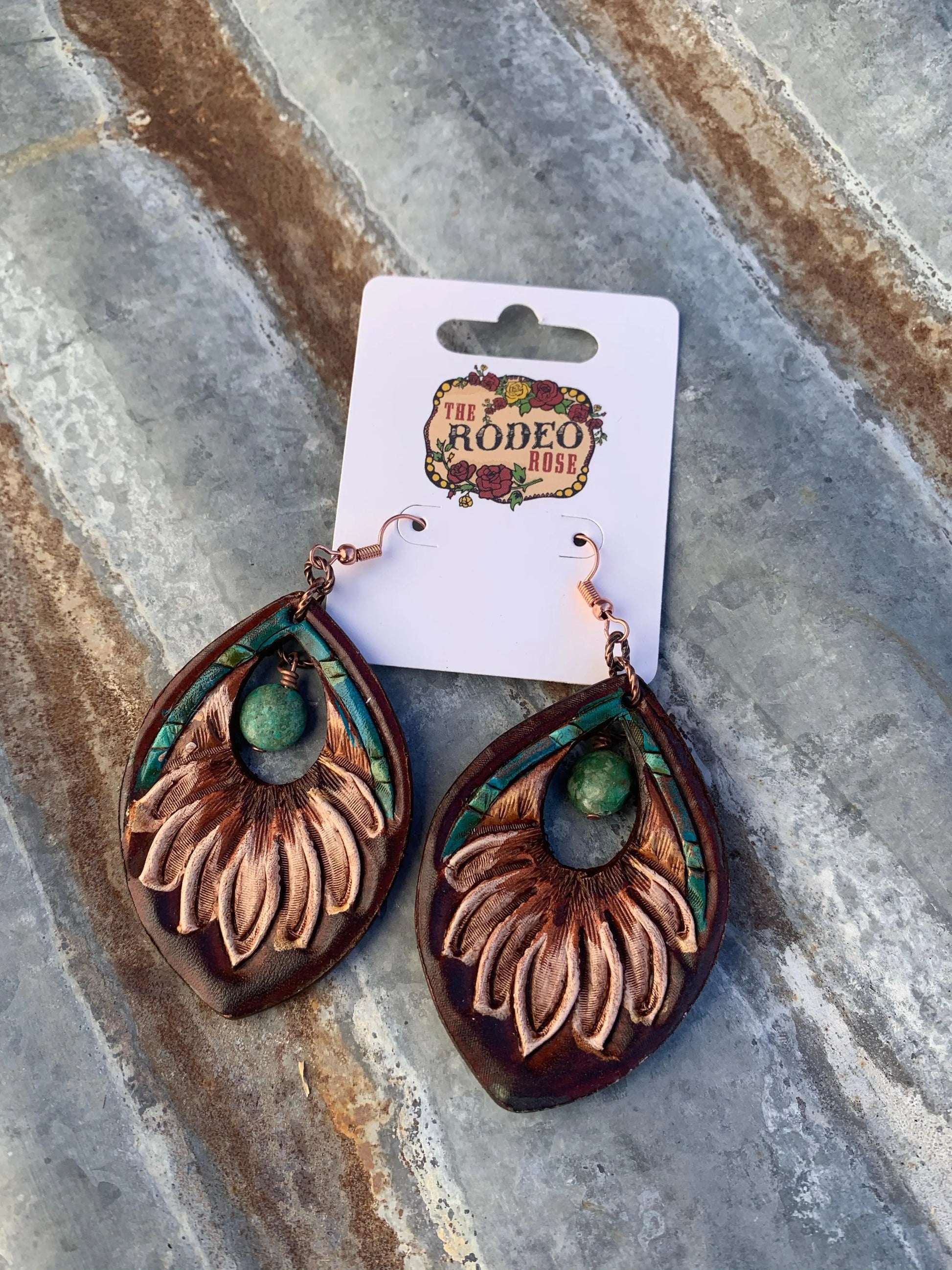 The Dale Hand tooled Leather Earring with Turquoise Border and Turquoise Beads The Rodeo Rose