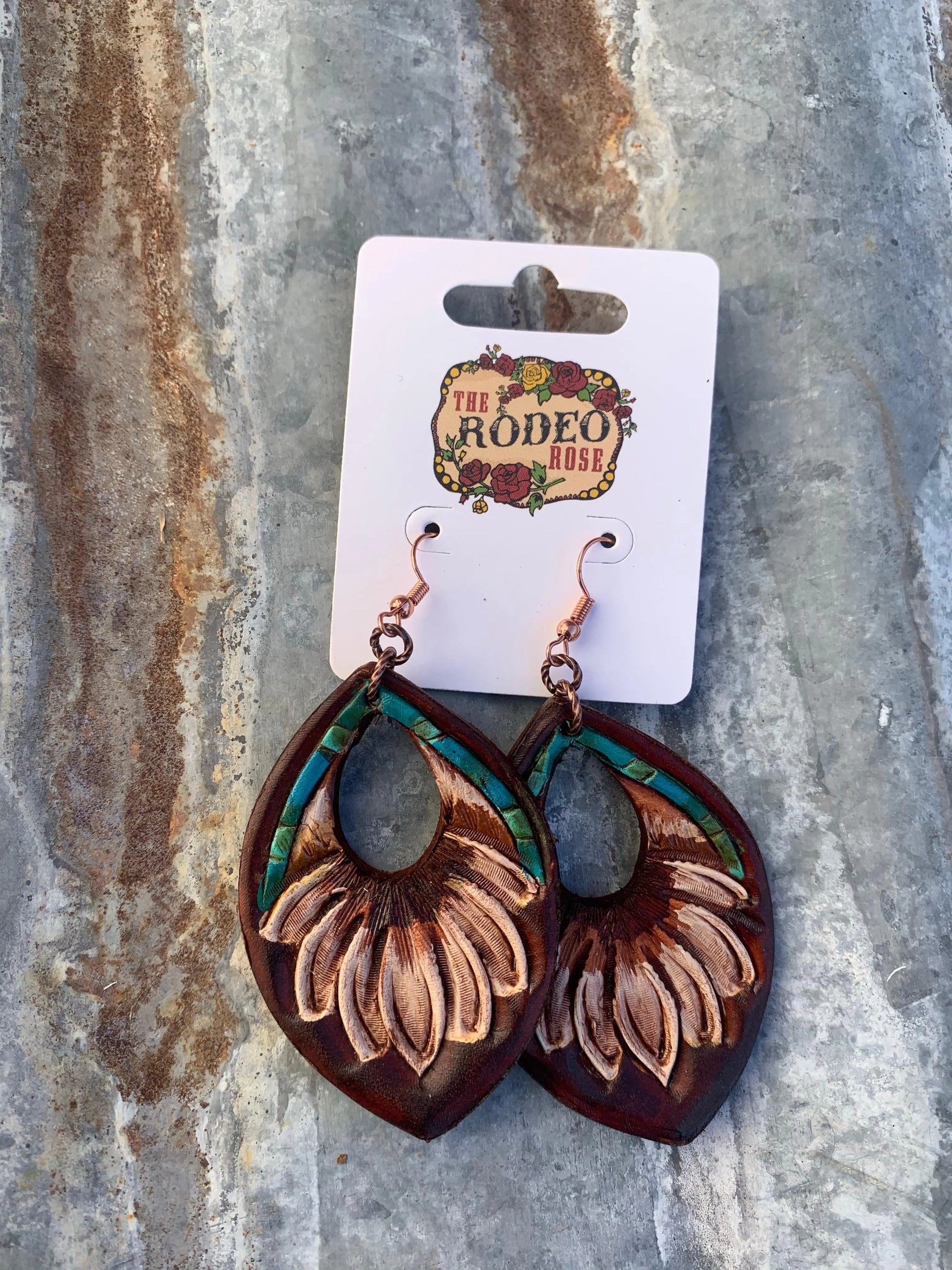 The Dale Hand tooled Leather Earrings with Turquoise Border The Rodeo Rose