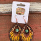 The Dale Hand tooled Leather Earrings with White Buckstitch and Turquoise Beads The Rodeo Rose