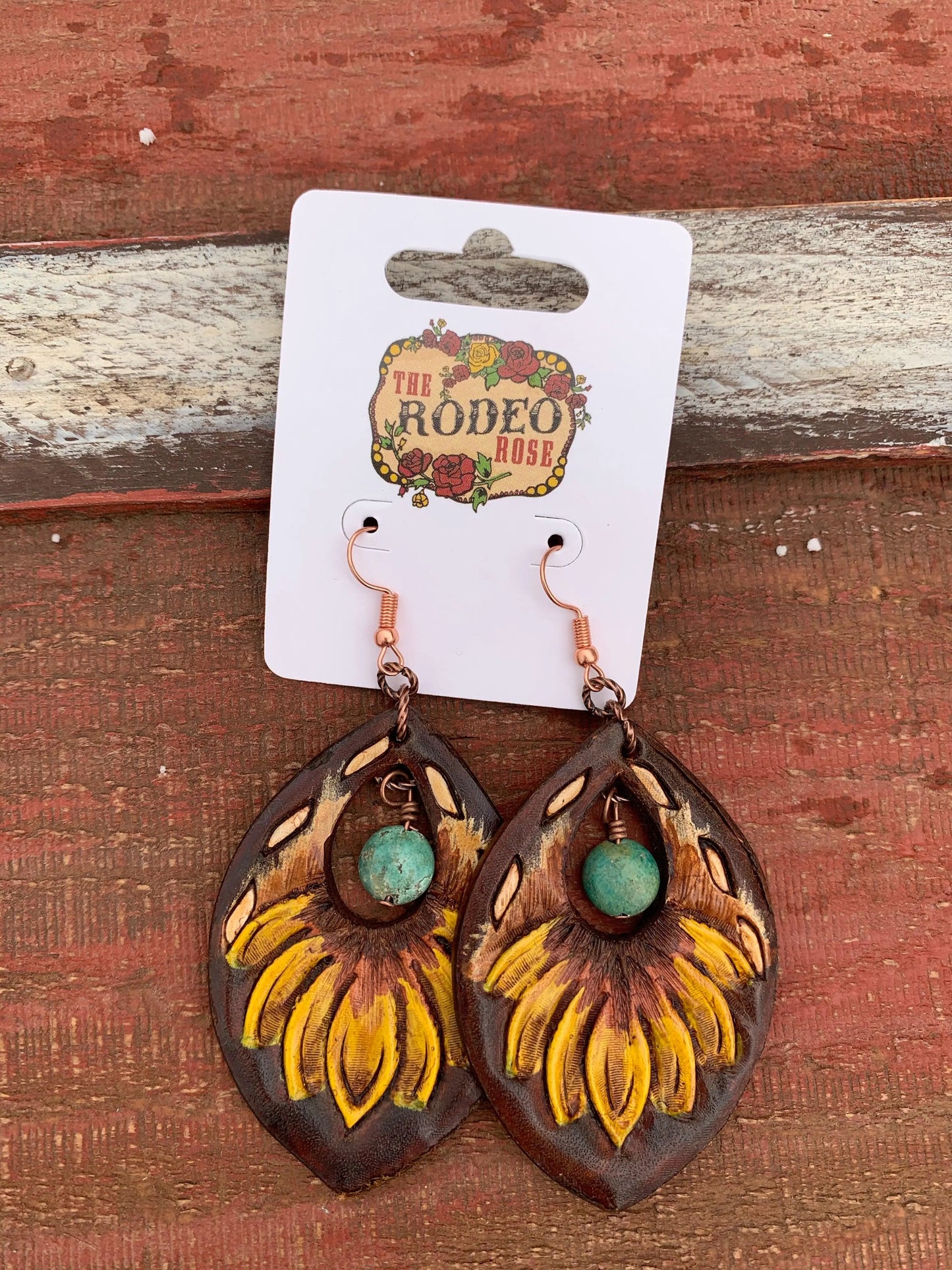 The Dale Hand tooled Leather Earrings with White Buckstitch and Turquoise Beads The Rodeo Rose