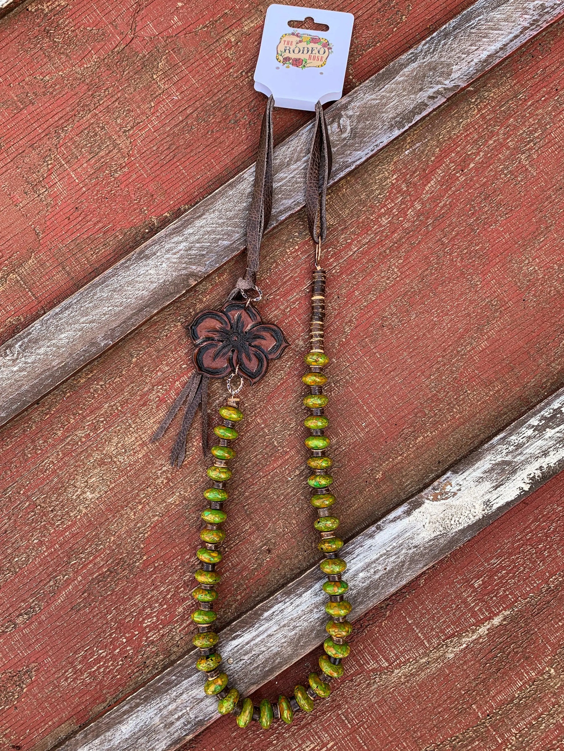 The Lucille Necklace in Green turquoise and Dark Brown Pendant The Rodeo Rose