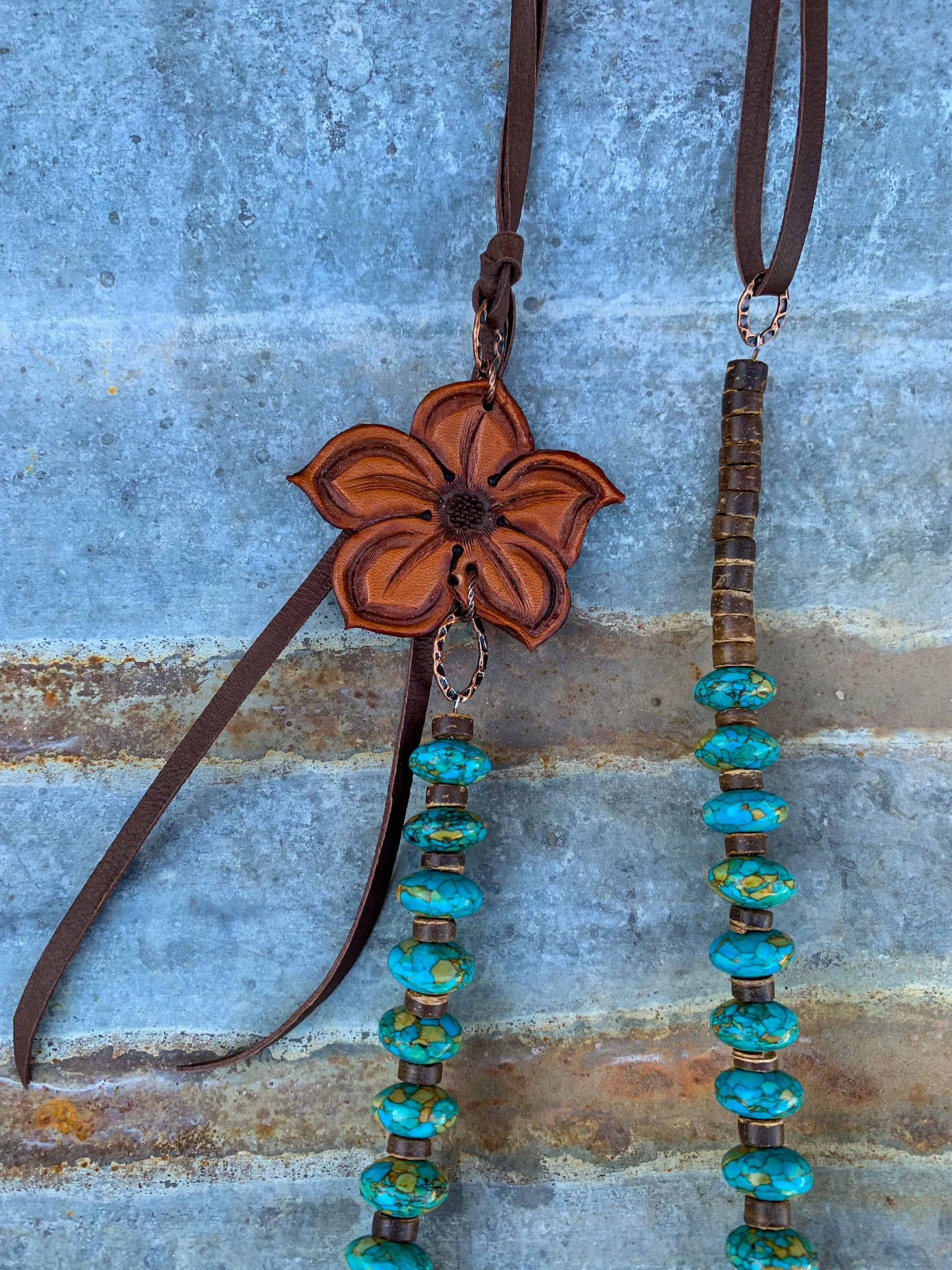 The Lucille Necklace with Hand Tooled Leather Pansy Pendant The Rodeo Rose