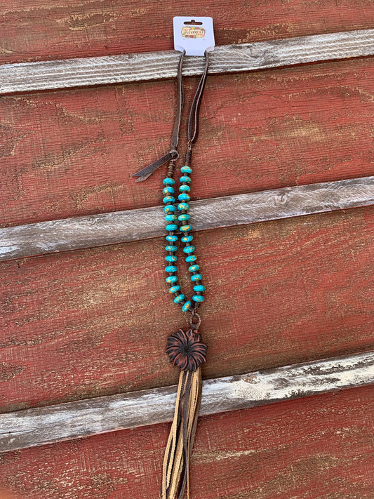 The Mabel Necklace in Blue Turquoise with Hand Tooled Pendant The Rodeo Rose