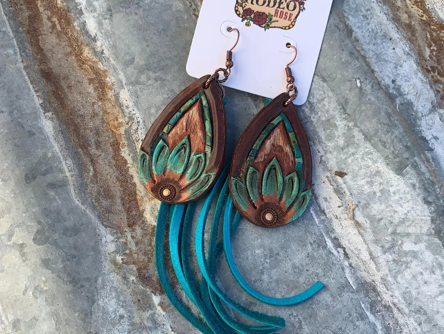 The Tad Hand Tooled Leather Earrings with Turquoise Border and