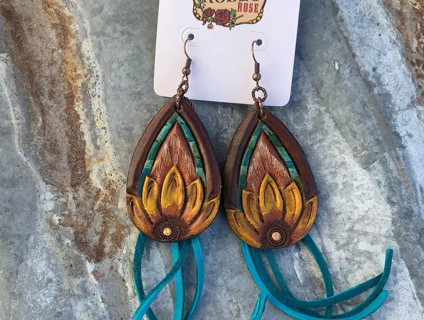 The Tad Hand Tooled Leather Earrings with Turquoise Border and