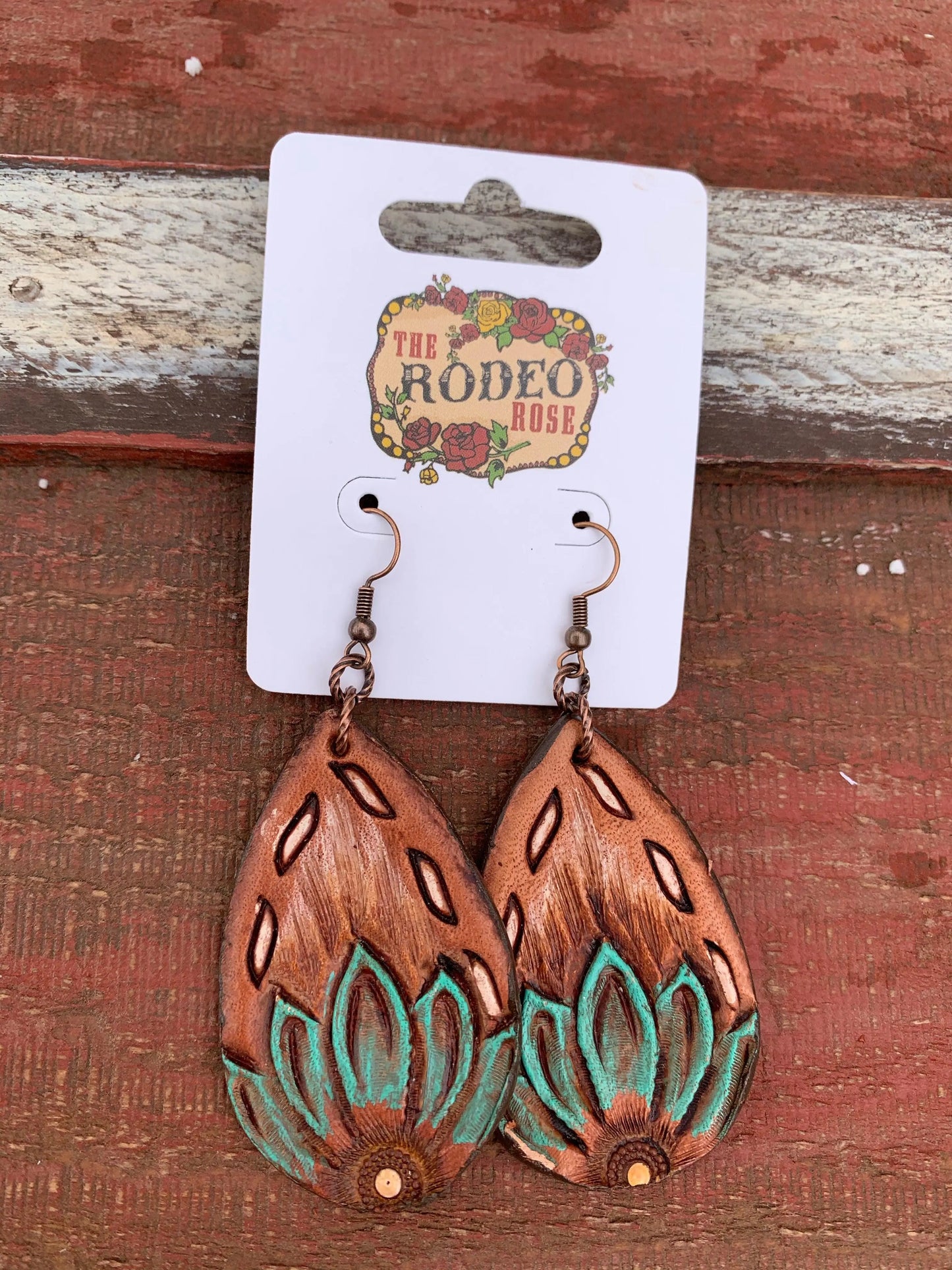 The Tad Hand tooled Leather Earring with Buckstitch Border The Rodeo Rose
