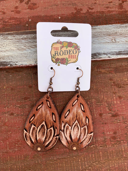 The Tad Hand tooled Leather Earring with Buckstitch Border The Rodeo Rose