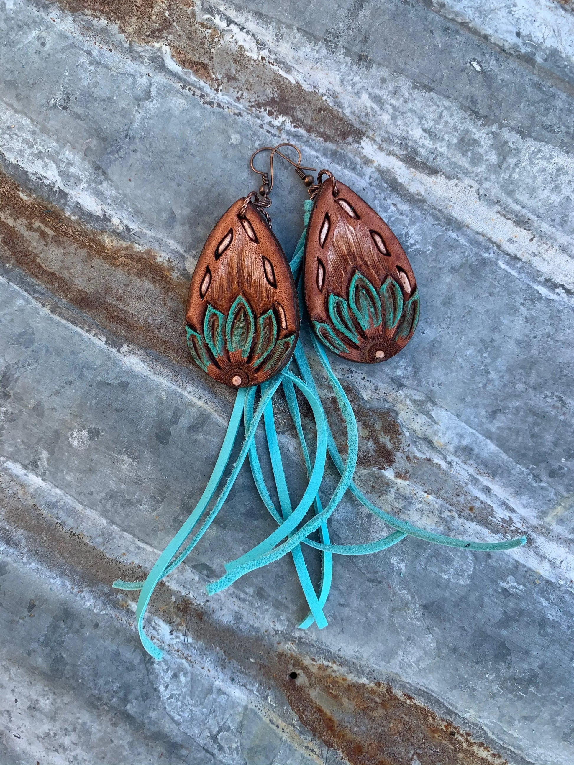 The Tad Hand tooled Leather Earring with Buckstitch Border and Fringe The Rodeo Rose