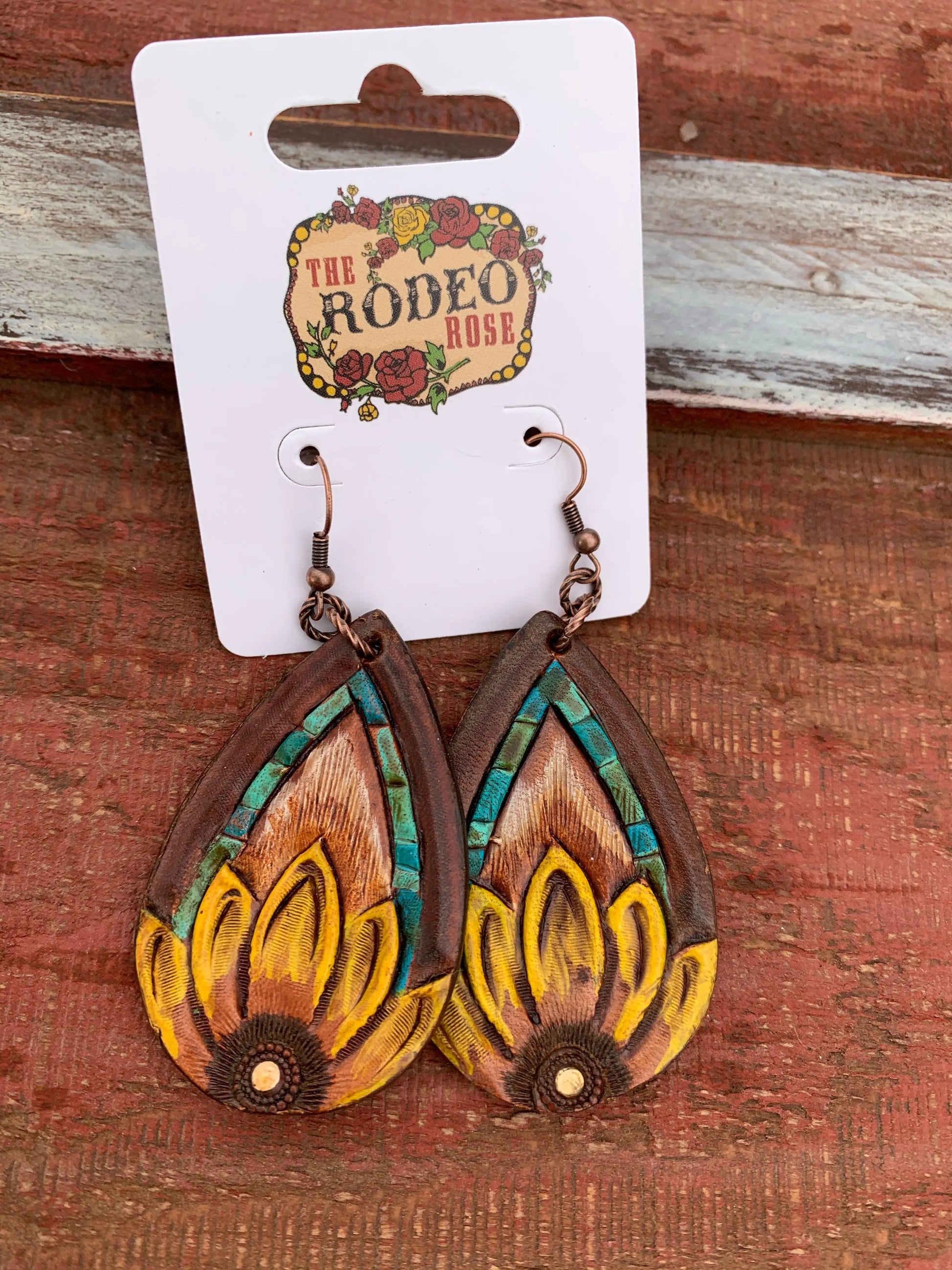 The Tad Hand tooled Leather Earring with Turquoise Border The Rodeo Rose