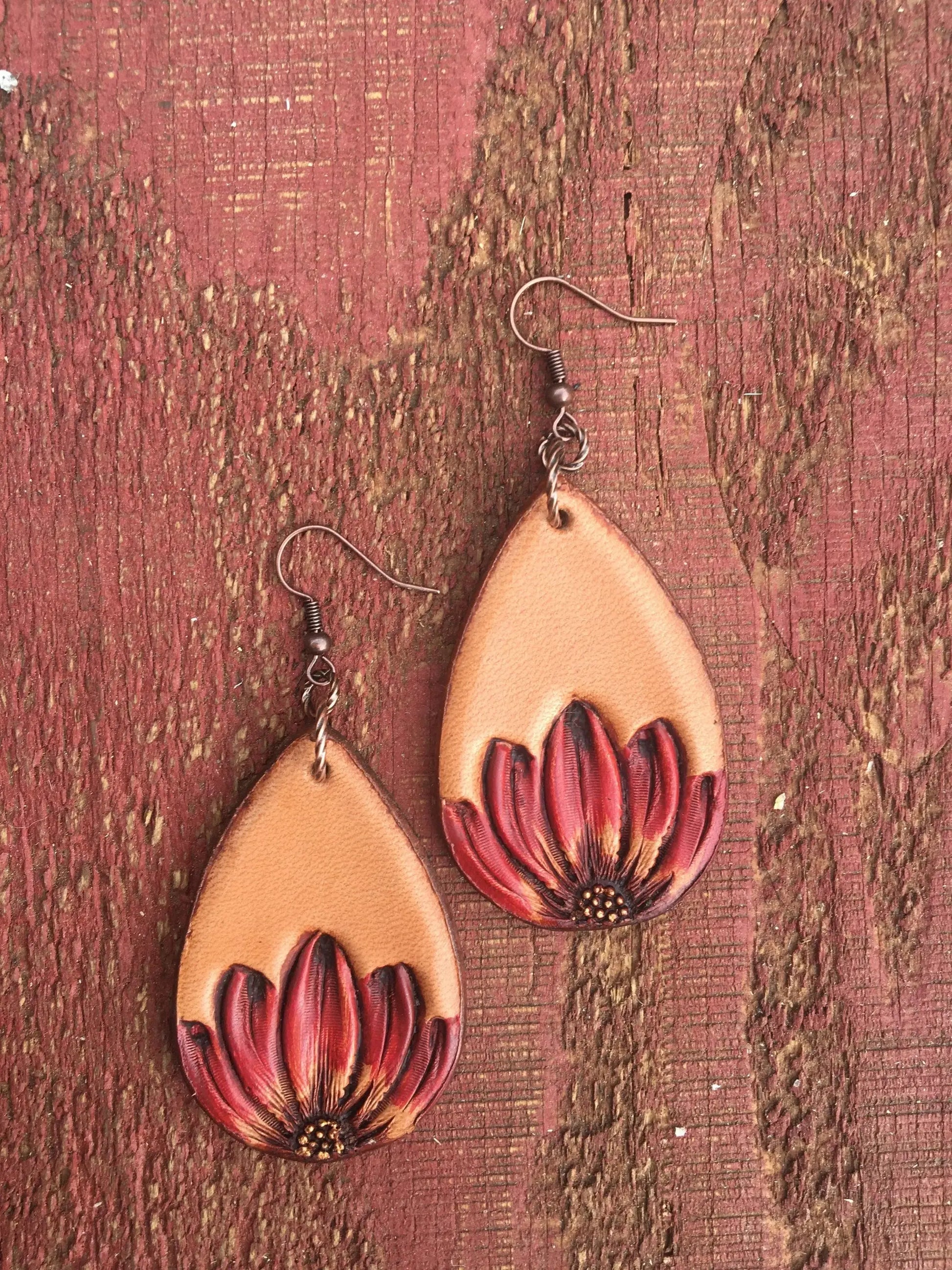 The Tad Handtooled Leather Earring in Autumn Colors The Rodeo Rose