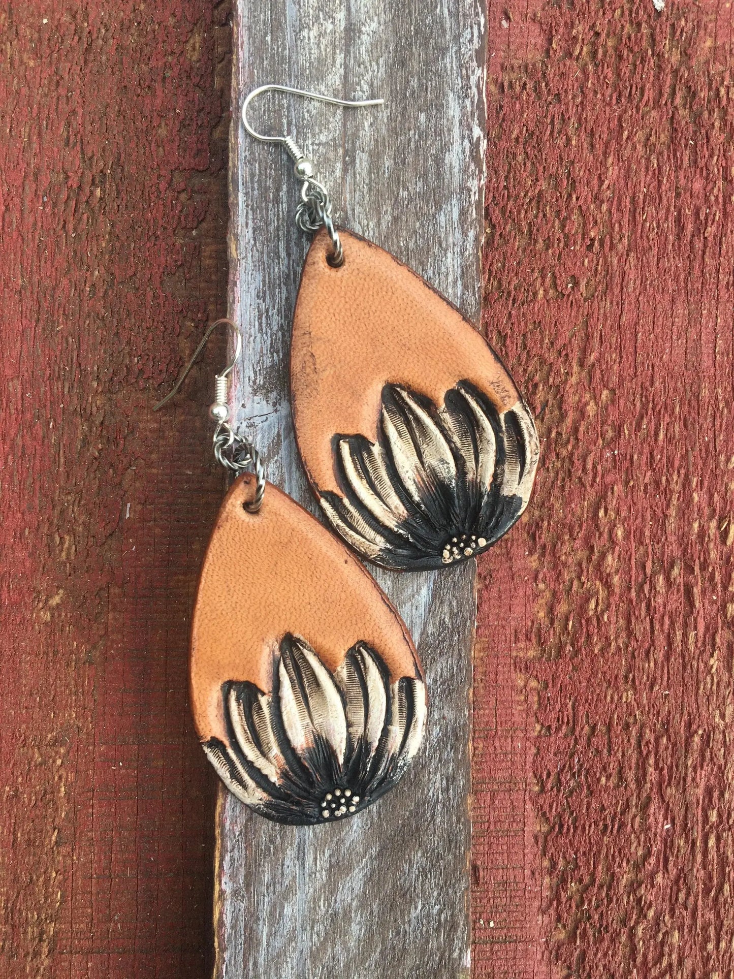 The Tad Handtooled Leather Earring in Autumn Colors The Rodeo Rose