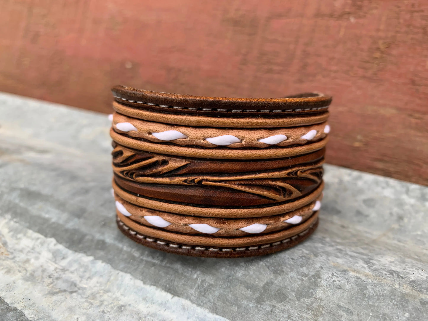 The Vear Hand Tooled leather Cuff Bracelet with Buckstitching The Rodeo Rose
