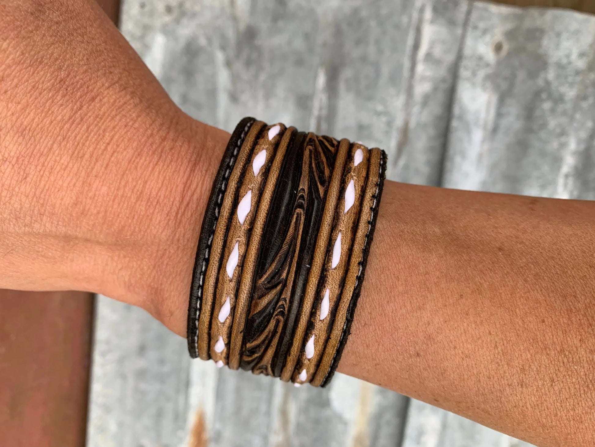 The Vear Hand Tooled leather Cuff Bracelet with Buckstitching The Rodeo Rose